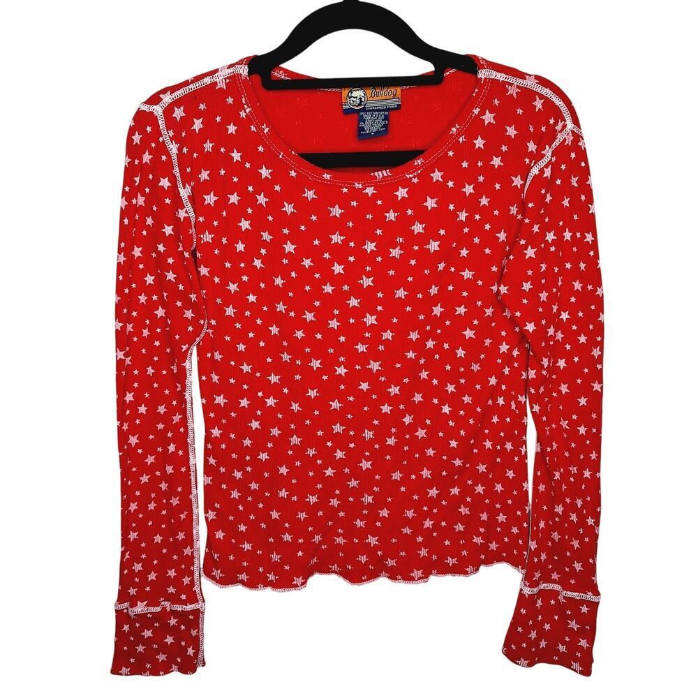 Vintage Y2K Bulldog Star Top Ribbed Thermal Long Sleeve Crop Bella Swan M Grunge